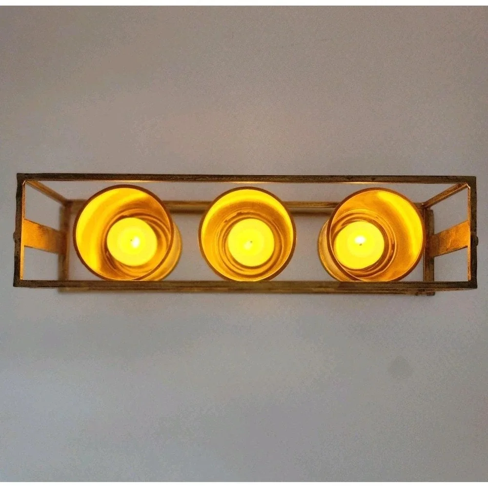 Rustic Triple Votive Tealight Candle Holder Aged Amber Glass In Brushed Bronze